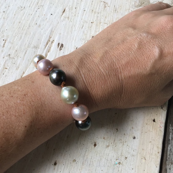 NEW Tahitian, Edison, South Sea pearls + leather RAINBOW BRACELET Ella May - Picture 4 of 5
